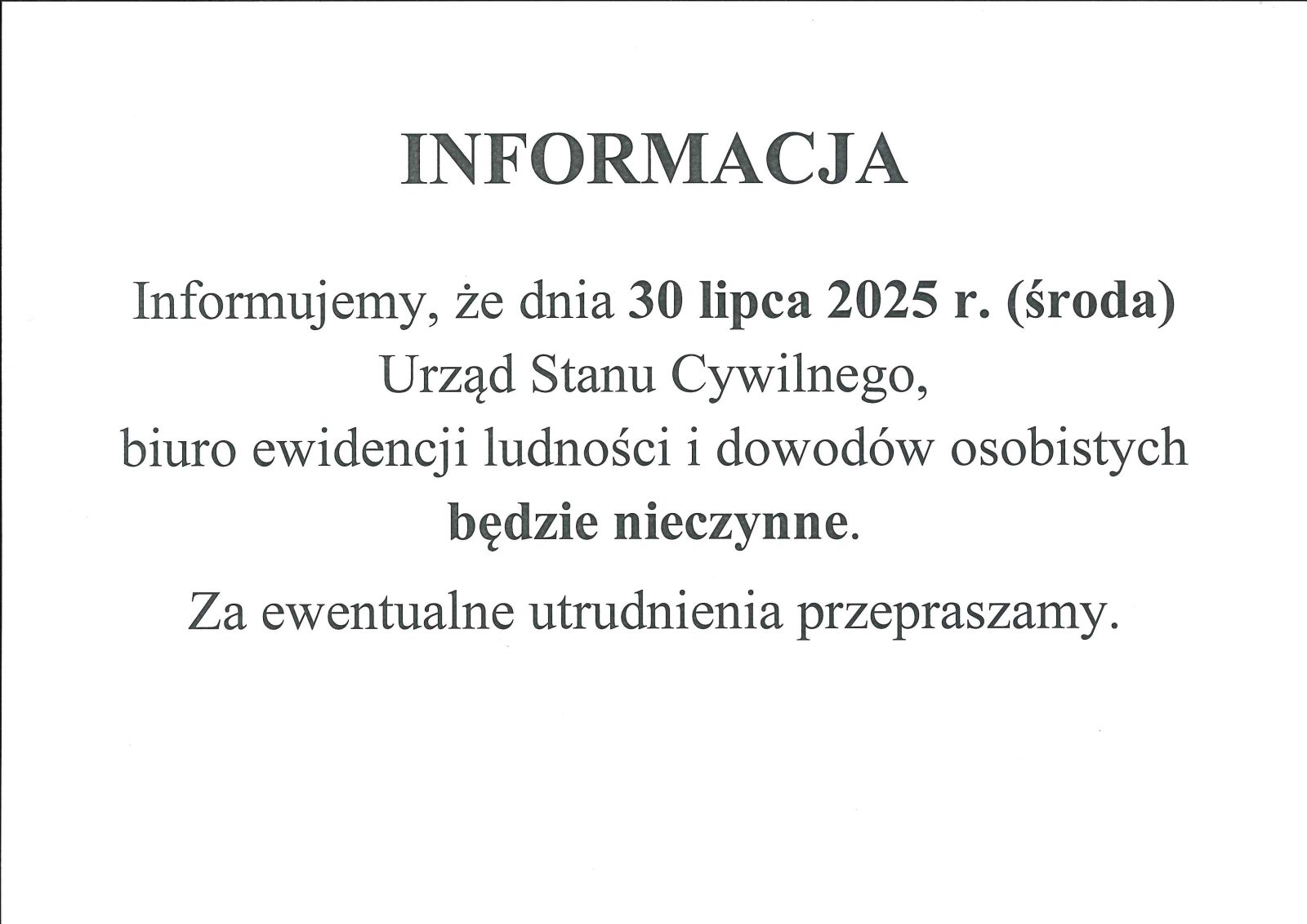 Zdjęcie: 30 lipca 2025 r. (środa) USC, biuro ewidencji ludności i dowodów osobistych będzie nieczynne.