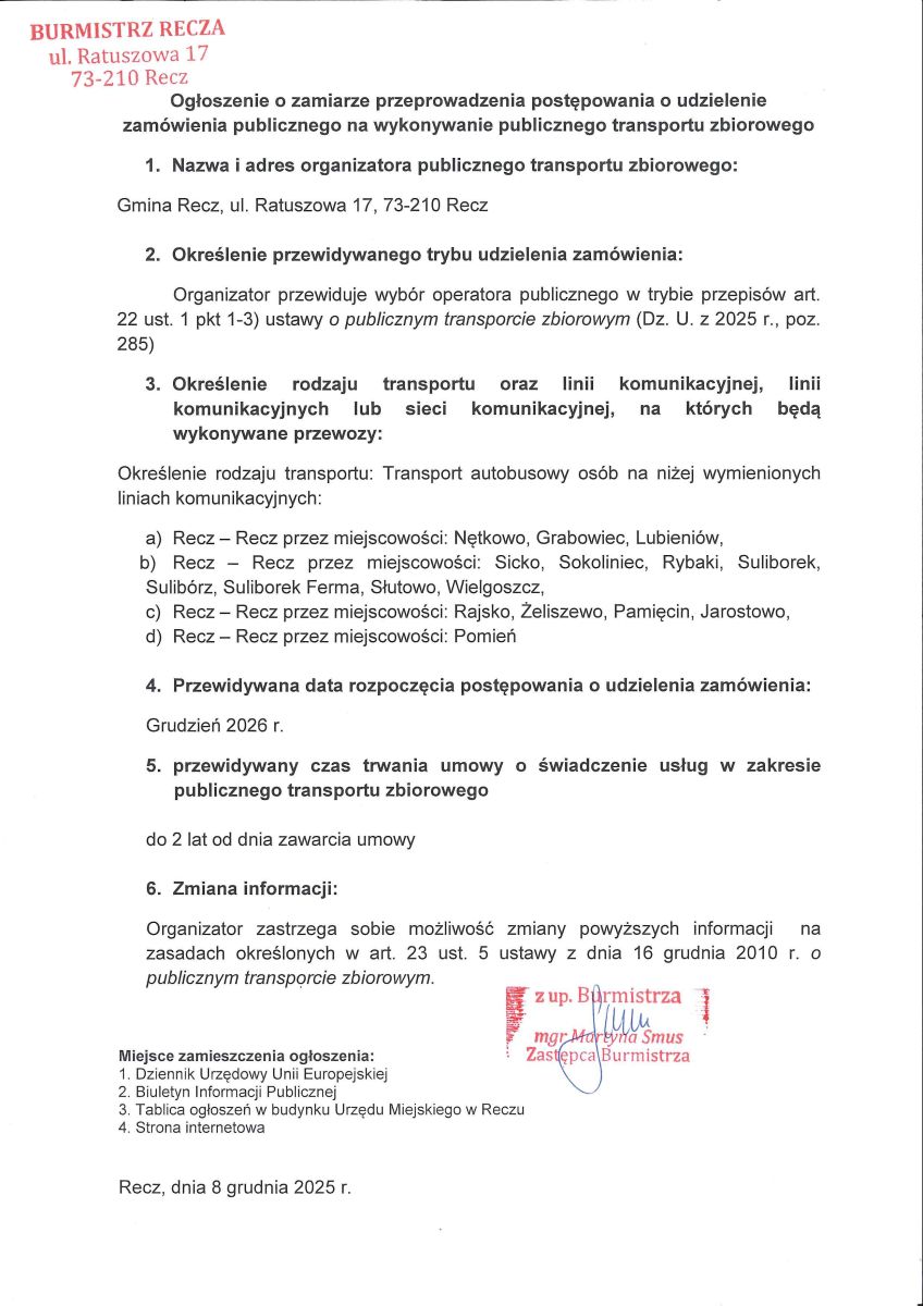 Zdjęcie: Ogłoszenie o zamiarze przeprowadzenia postępowania o udzielenie zamówienia publicznego na wykonywanie publicznego transportu zbiorowego