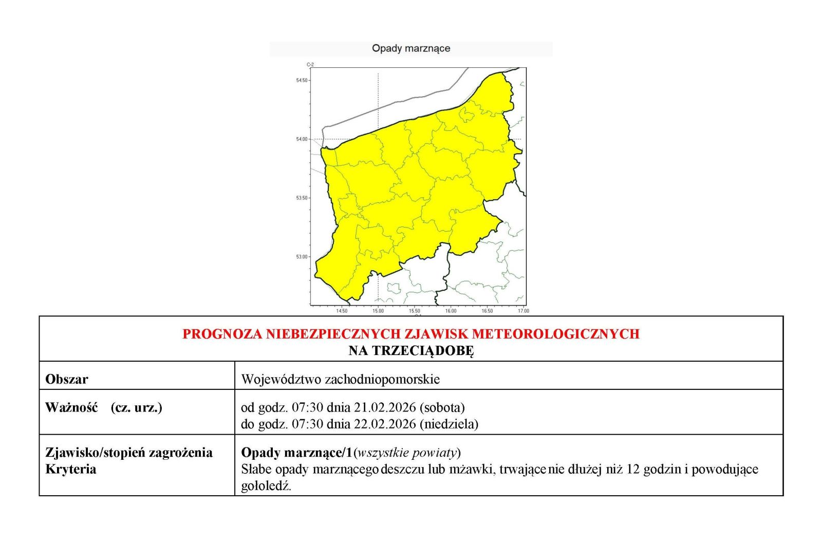 Zdjęcie: Prognoza niebezpiecznych zjawisk meteorologicznych od godz. 07:30 dnia 19.02.2026 do godz. 07:30 dnia 21.02.2026
