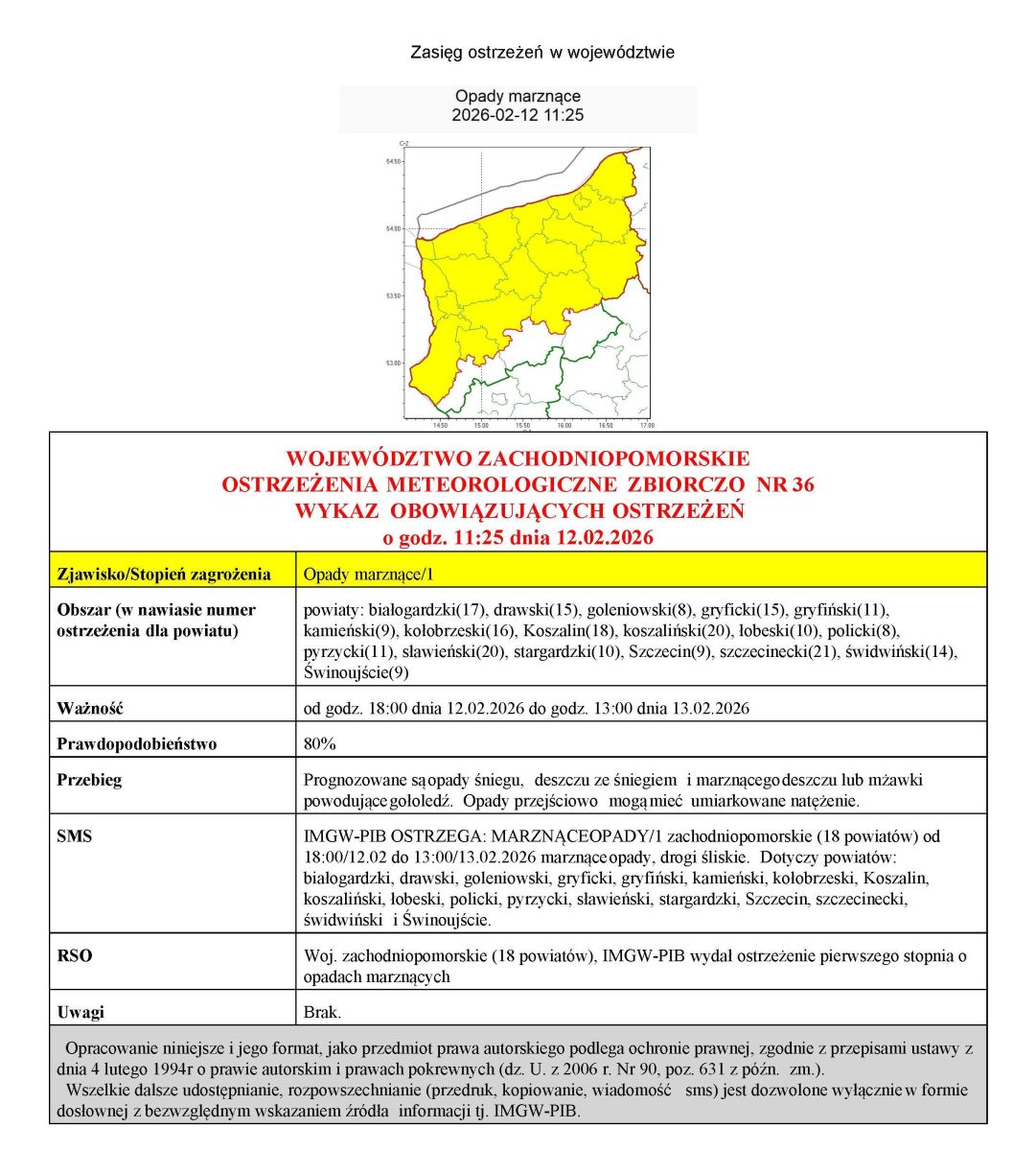 Zdjęcie: Prognoza niebezpiecznych zjawisk meteorologicznych od godz. 18:00 dnia 12.02.2026 do godz. 13:00 dnia 13.02.2026