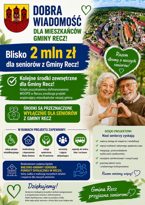 Zdjęcie: Blisko 2 mln zł dla seniorów z Gminy Recz.