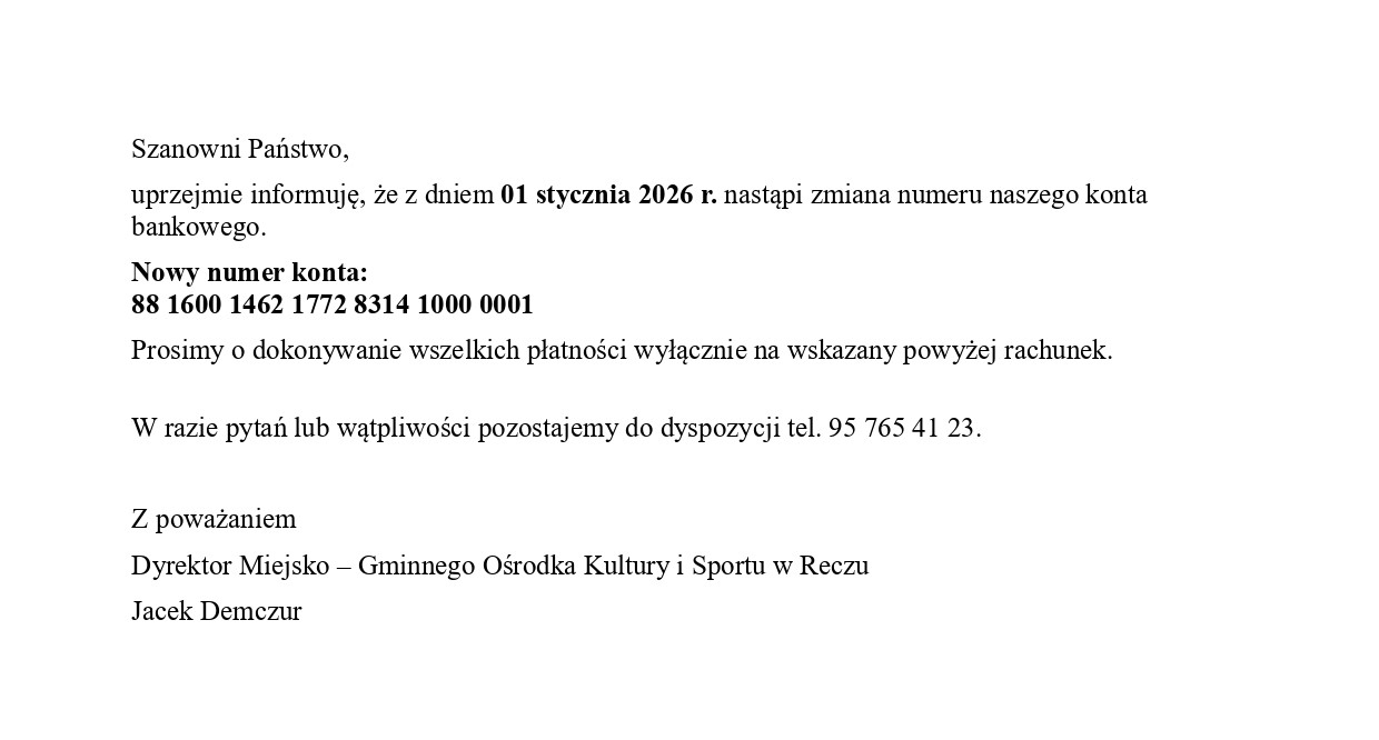 Zdjęcie: Zmiana numeru konta bankowego MGOKiS w Reczu