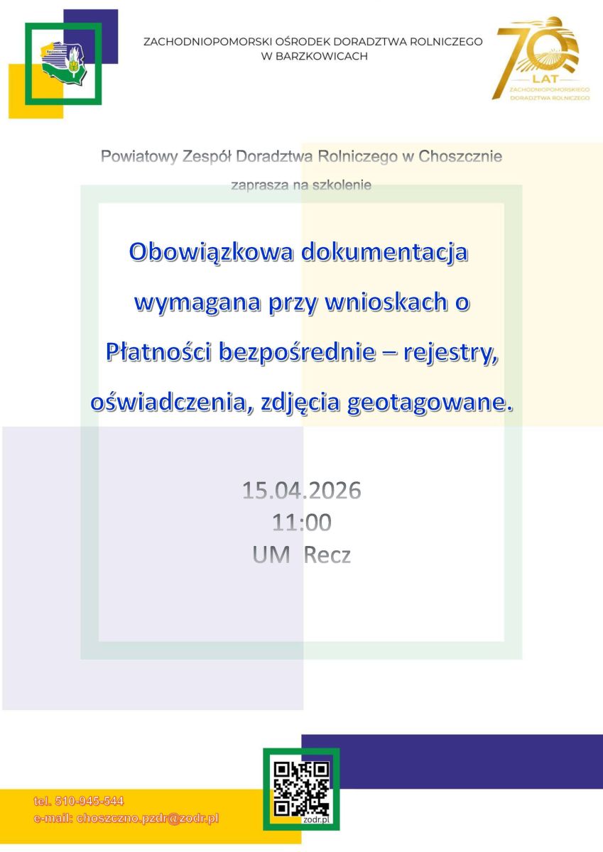 Zdjęcie: Powiatowy Zespół Doradztwa Rolniczego w Choszcznie zaprasza na szkolenia / 15 kwietnia 2026  od godz. 10:00
